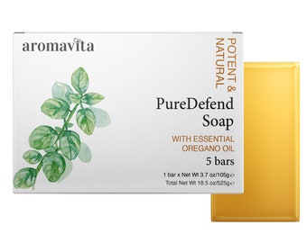 5 Bars | Pure Defend Oregano Oil Soap, Natural Antibacterial Soap, For Athletes Foot, Jock Itch And Odors , Helps Cleanse the Skin from Acne