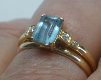 Emerald Cut Aquamarine Ring, with diamonds, 9 carat gold, Unique Engagement Ring, Vintage Aquamarine Cocktail Ring, March Birthstone Gift