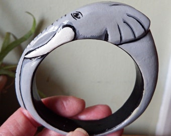 Vintage Grey Elephant Bracelet, Wooden Indian Elephant Bracelet, Elephant Bangle, Wood Bangle, Unique Elephant Lover Gift
