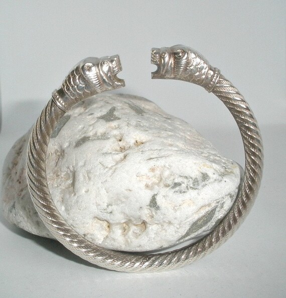 Indian Silver Tigers Heads Torc Bracelet, Tiger Br