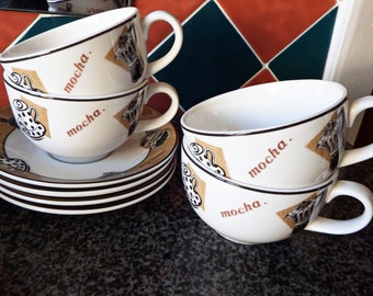 Royal Doulton "Coffee Time" set of 4 coffee cups and saucers, Cappuccino/ Mocha Cups and Saucers, Vintage China