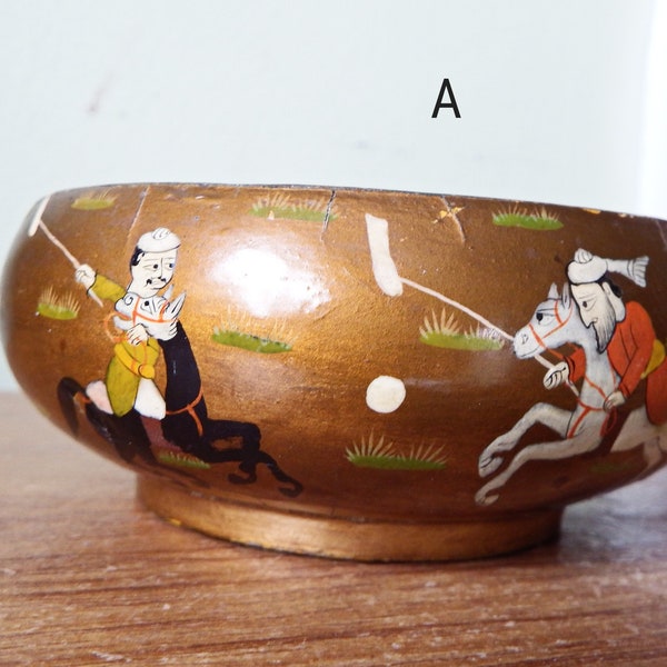 Vintage Indian Kashmiri Bowl, Hand painted Kashmir Paper Mache Brass Bowl, Unique Gift for Polo Player