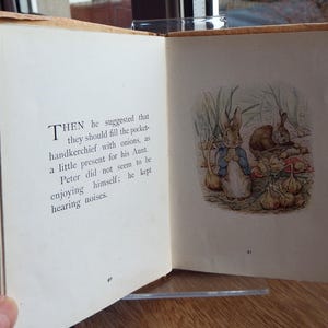 May include: An open vintage book with text and illustrations. The left page has text that reads "THEN he suggested that they should fill the pocket-handkerchief with onions..." The right page features a colour illustration of two rabbits with onions.