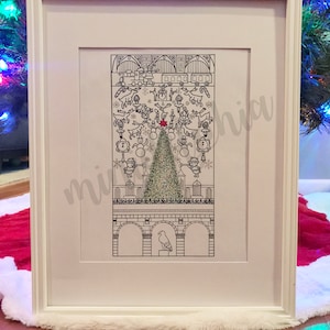 May include: A black and white illustration of a Christmas scene with a train, a Christmas tree, and many other festive details. The illustration is framed in a white frame.