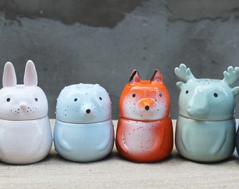 Woodland Animals Storage Set, Fox Bear Hedgehog Rabbit Racoon Elk, Pottery Tea Coffee Sugar Canister With Lid, Moving Gift