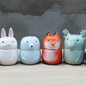 Woodland Animals Storage Set, Fox Bear Hedgehog Rabbit Racoon Elk, Pottery Tea Coffee Sugar Canister With Lid, Moving Gift