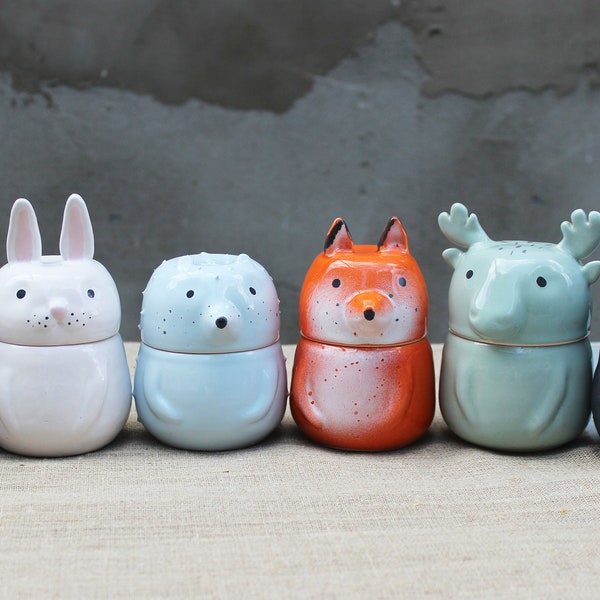 Woodland Animals Storage Set, Fox Bear Hedgehog Rabbit Racoon Elk, Pottery Tea Coffee Sugar Canister With Lid, Moving Gift