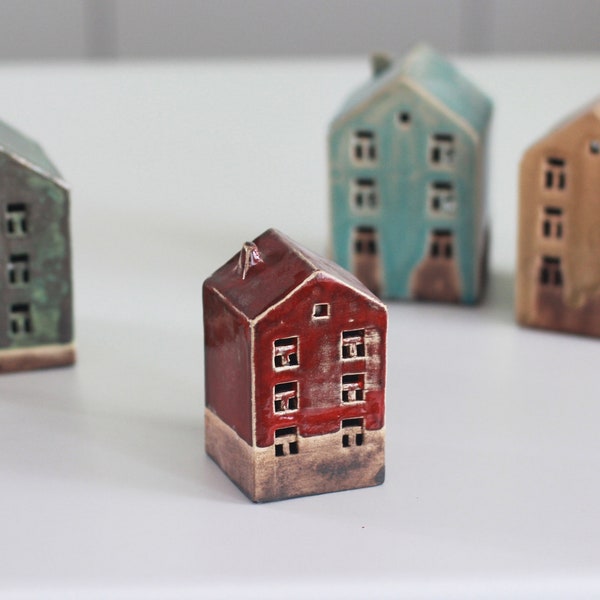 Candelabro de cerámica roja hecho a mano: pequeña linterna de cerámica