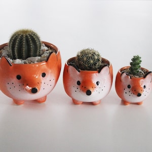 Fox Pottery Indoor Flower Pot | Red Orange Gray Cactus Dish | Small Ceramic Wolf Succulent Seedling Planter | Housewarming Gift