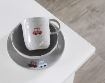 Pottery Set of Mug and Plate with Vintage Car Pattern, Handmade Ceramics Bowl, Personalized Kids Gift, Custom Name Inscription