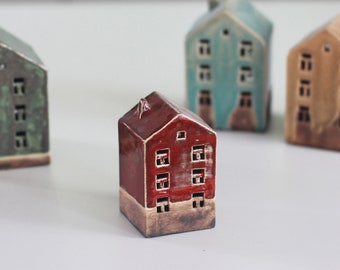 Olden English Red House | Ceramic Candleholder | Tiny Small Orange Pottery Handmade Candle Holder | Housewarming Gift for Couples