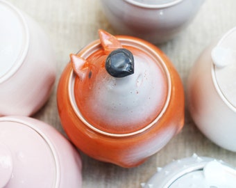 Fox Pottery Jar, Ceramic Canister, Lidded Sugar Bowl, Storage Honey Pot, Spices Container with Lid. Kitchen Utensils