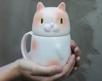 Cat Large Lidded Mug, White Kitty Pottery Coffee Mug with Lid, Tea Cup Ceramic Animal Storage Jar with Handle