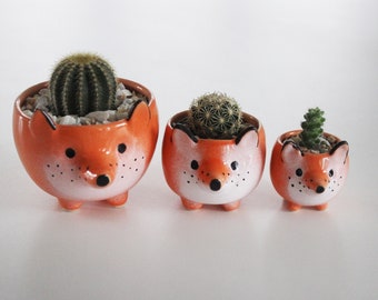 Fox Pottery Indoor Flower Pot | Red Orange Gray Cactus Dish | Small Ceramic Wolf Succulent Seedling Planter | Housewarming Gift