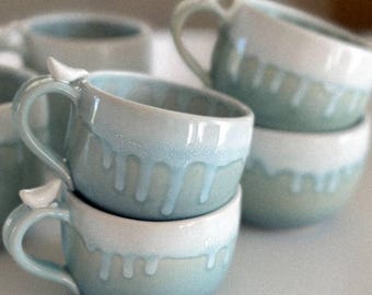 Turquoise Coffee Mug with Bird on Handle | Handmade Blue Mug | Large Clay Pottery Cup with Cracks | Wedding Gift Set| Gift for Him
