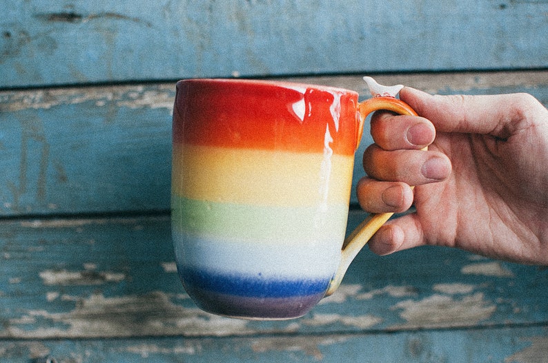 Rainbow Coffee Mug, Large Stoneware Pottery Clay Tea Cup Set, LGBTQ Pride Gift, Rainbow Color Flag image 8