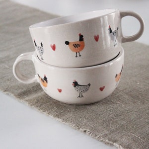 Pottery Mug with Chicken and Red Heart, Chickens and Chicks Wedding Gift, Pastel Colors Cup, Beige Coffee Mug with White Inside, Easter Gift image 7