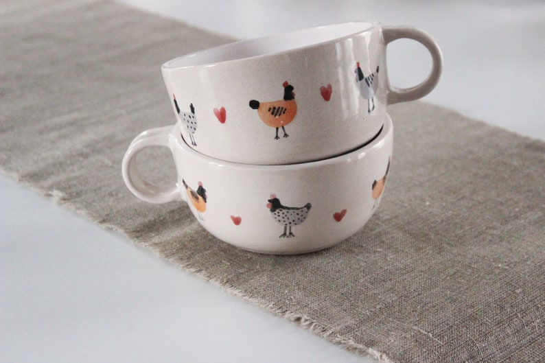 Pottery Mug with Chicken and Red Heart, Chickens and Chicks Wedding Gift, Pastel Colors Cup, Beige Coffee Mug with White Inside, Easter Gift image 7