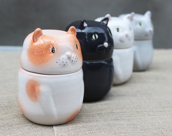 Cat Cookie Jar White Black Gray Canisters, Pottery Jar With Lid, Kitty Decor Kitchen Utensils Storage Sugar Bowl