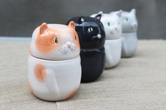 Ceramic Cat Treat Cookie Jar - Sealable Kitchen Canister - White