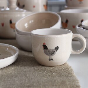 Pottery Mug with Chicken and Red Heart, Chickens and Chicks Wedding Gift, Pastel Colors Cup, Beige Coffee Mug with White Inside, Easter Gift image 8