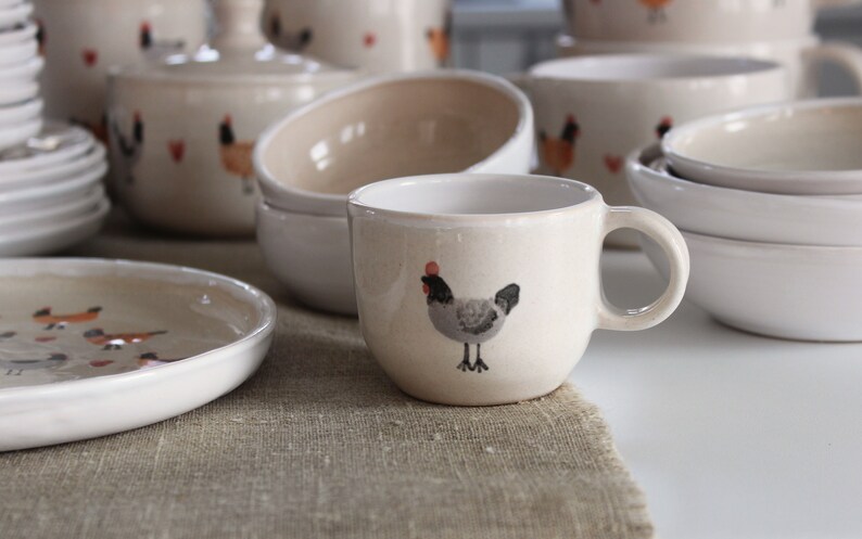 Pottery Mug with Chicken and Red Heart, Chickens and Chicks Wedding Gift, Pastel Colors Cup, Beige Coffee Mug with White Inside, Easter Gift image 8