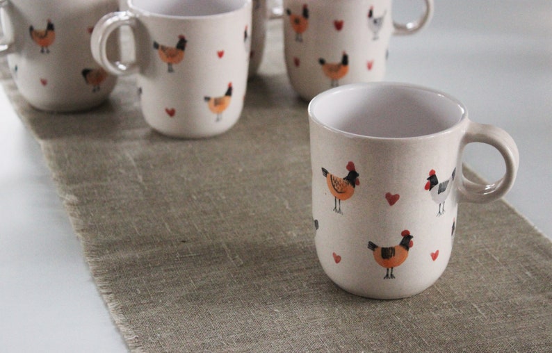 Pottery Mug with Chicken and Red Heart, Chickens and Chicks Wedding Gift, Pastel Colors Cup, Beige Coffee Mug with White Inside, Easter Gift image 2