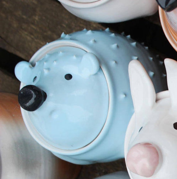 Récipient en Poterie de Hérisson, Rangement Cuisine Bleu et Gris, Pot Céramique avec Couvercle, Sucr