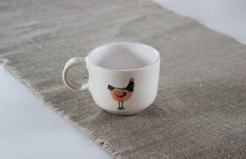 Pottery Mug with Chicken and Red Heart, Chickens and Chicks Wedding Gift, Pastel Colors Cup, Beige Coffee Mug with White Inside, Easter Gift 4 Fluid ounces