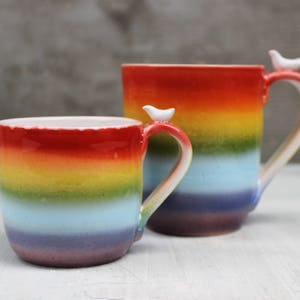 Rainbow Coffee Mug, Large Stoneware Pottery Clay Tea Cup Set, LGBTQ Pride Gift, Rainbow Color Flag image 1