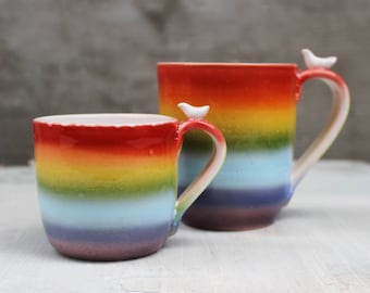 Rainbow Coffee Mug, Large Stoneware Pottery Clay Tea Cup Set, LGBTQ Pride Gift, Rainbow Color Flag