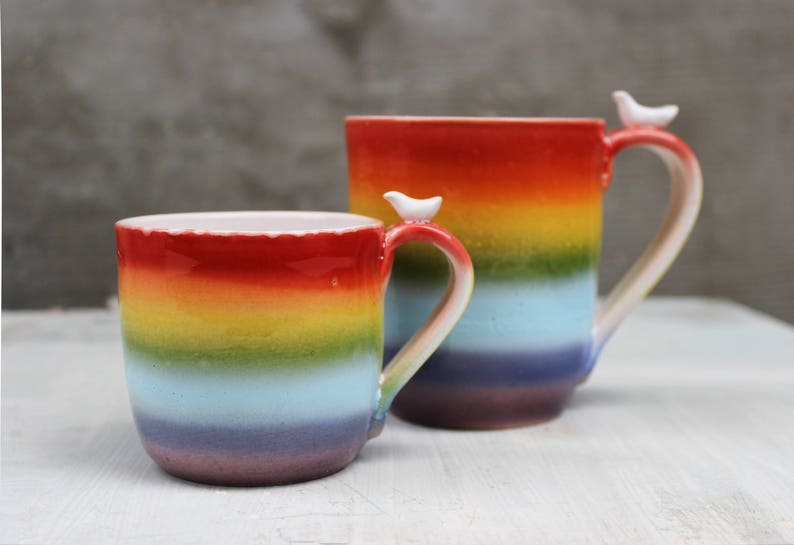 Rainbow Coffee Mug, Large Stoneware Pottery Clay Tea Cup Set, LGBTQ Pride Gift, Rainbow Color Flag image 1