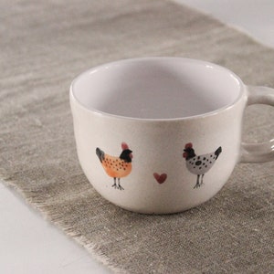 Pottery Mug with Chicken and Red Heart, Chickens and Chicks Wedding Gift, Pastel Colors Cup, Beige Coffee Mug with White Inside, Easter Gift 8 Fluid ounces