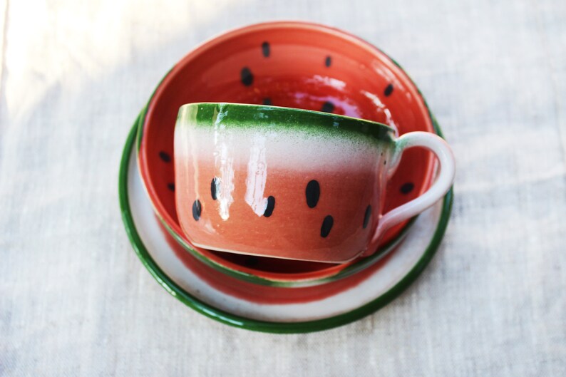 Watermelon Dinnerware Set Ceramic Mug and Bowl Vegetarian Tea Etsy