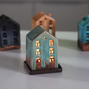 Light Blue House, Ceramic Candle holder, Small Handmade Candle Lantern, Housewarming Gift, Turquoise Fireplace decoration, Wedding Decor