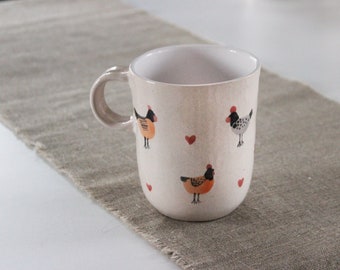 Pottery Mug with Chicken and Red Heart, Chickens and Chicks Wedding Gift, Pastel Colors Cup, Beige Coffee Mug with White Inside, Easter Gift