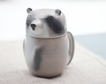 Raccoon Large Lidded Coffee Mug, Gray Pottery Canister with Lid, Tea Cup Ceramics, Animal Storage Jar with Handle