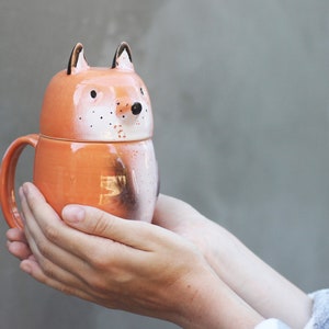 Fox Pottery Coffee Mug with Lid, Large Red Orange Lidded Mug, Tea Cup, Ceramic Animal Storage, Cookie Jar with Handle