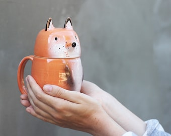 Fox Pottery Coffee Mug with Lid, Large Red Orange Lidded Mug, Tea Cup, Ceramic Animal Storage, Cookie Jar with Handle