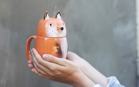 Fox Pottery Coffee Mug With Lid, Large Red Orange Lidded Mug, Tea