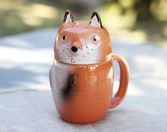 Fox Pottery Coffee Mug With Lid, Large Red Orange Lidded Mug, Tea