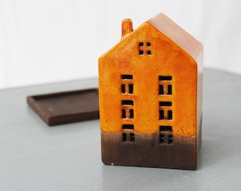 Lava Orange Ceramic House Candleholder: Handmade Pottery Lantern