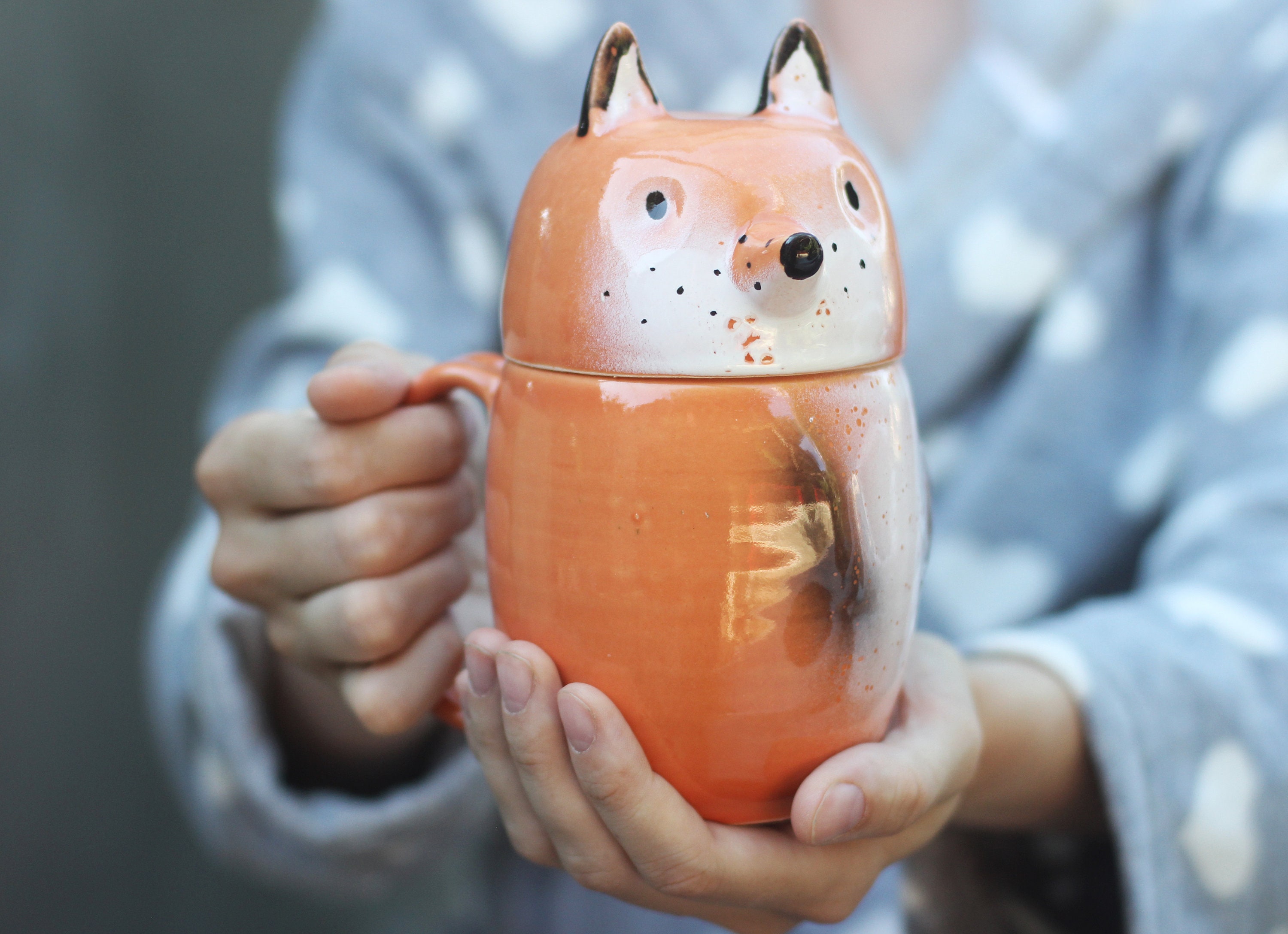 Fox Pottery Coffee Mug With Lid, Large Red Orange Lidded Mug, Tea Cup,  Ceramic Animal Storage, Cookie Jar With Handle 