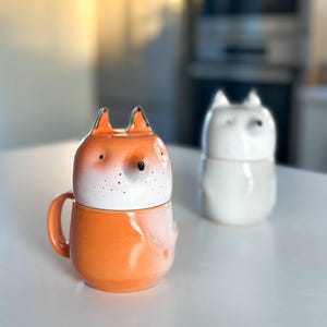 Fox Pottery Coffee Mug with Lid, Red Orange Gray Lidded Mug, Tea Cup