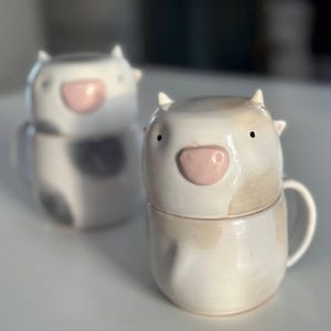 Handmade Cow Pottery Mug with Lid: Novelty Coffee Tea Cup