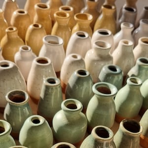 Può includere: Una collezione di piccoli vasi in ceramica in vari colori, tra cui bianco, crema, giallo e verde. I vasi hanno una forma arrotondata con un collo stretto e un'apertura ampia. Alcuni hanno una base naturale non smaltata.