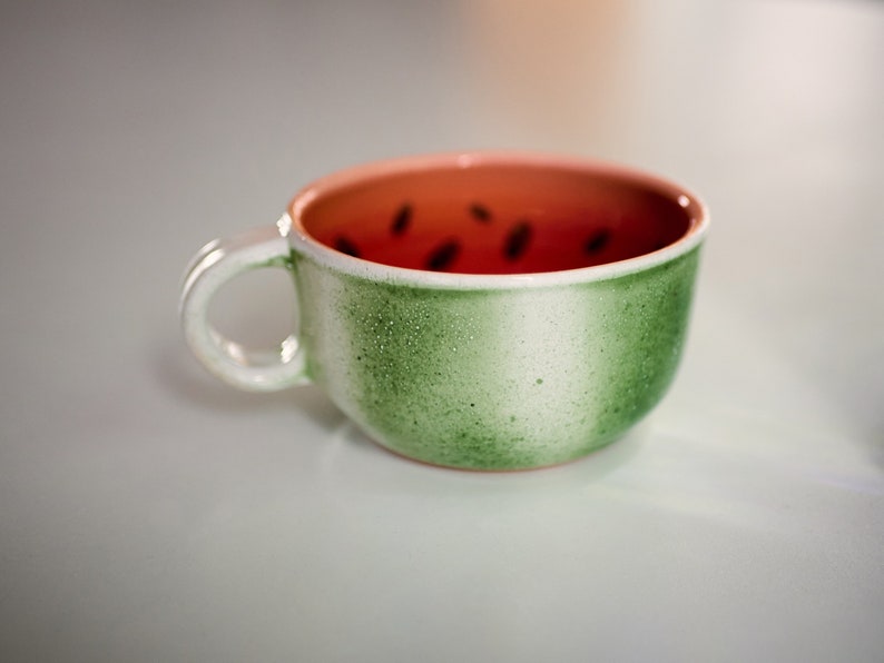 Watermelon Mug Colorful Ceramic Tea Cup, Stoneware Pottery Mug, Handmade Coffee Mugs, Funny Friuit Mug, Go Vegan Gift For Vegetarians image 1