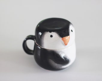 Penguin Mug with Lid, Large Pottery Coffee Cup, Lidded White and Black Mugs, Ceramic Animal Storage, Cookie Jar with Handle