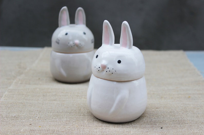 Bunny Jar With Lid, Rabbit Ceramic Container, Hare Pottery Tea Coffee Sugar Canister, Kitchen Storage Bowl 