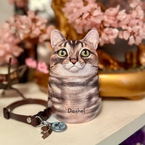 Könnte beinhalten: Eine katzenförmige Urne aus Keramik mit braunem Tabby-Muster und grünen Augen. Der Name "Dashel" ist auf die Urne gedruckt. Ein braunes Lederhalsband mit Metallverschluss und Anhänger befindet sich im Vordergrund.